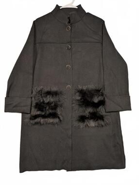 D. Exterior Italy Wool Cashmere Fox Fur Pocket Long Coat Women’s Black Large